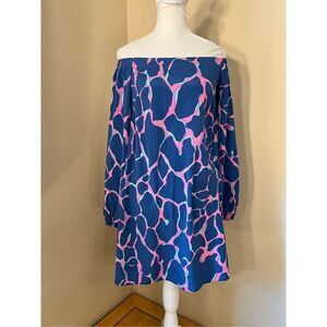 Lilly Pulitzer Blue Off Shoulder Silk Adira Dress in Tiki Pink Broken Shaker XXS